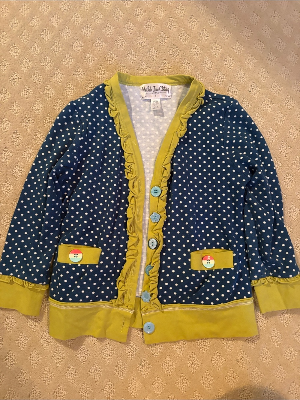 Matilda Jane Polka Dot Ruffle Trim Kids Cardigan Jacket in Navy and Lime